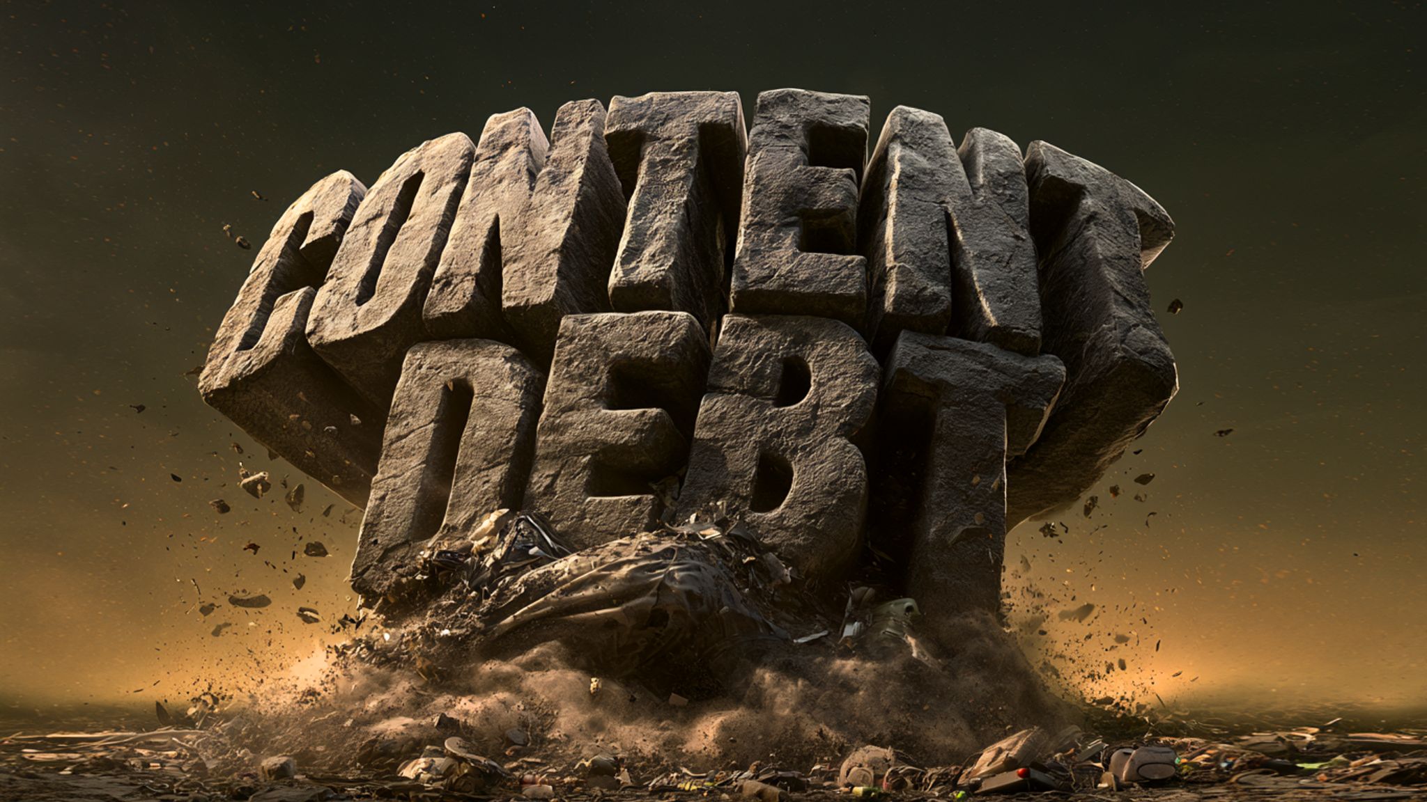 The words "Content Debt" in stone, crushing something below it