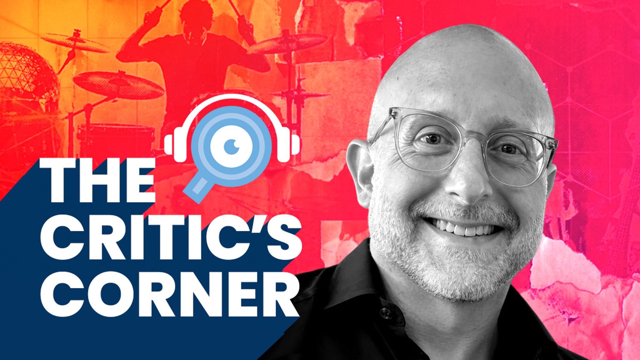 Mike Spenceley headshot and distressed background with a drummer and The Critic's Corner logo and text