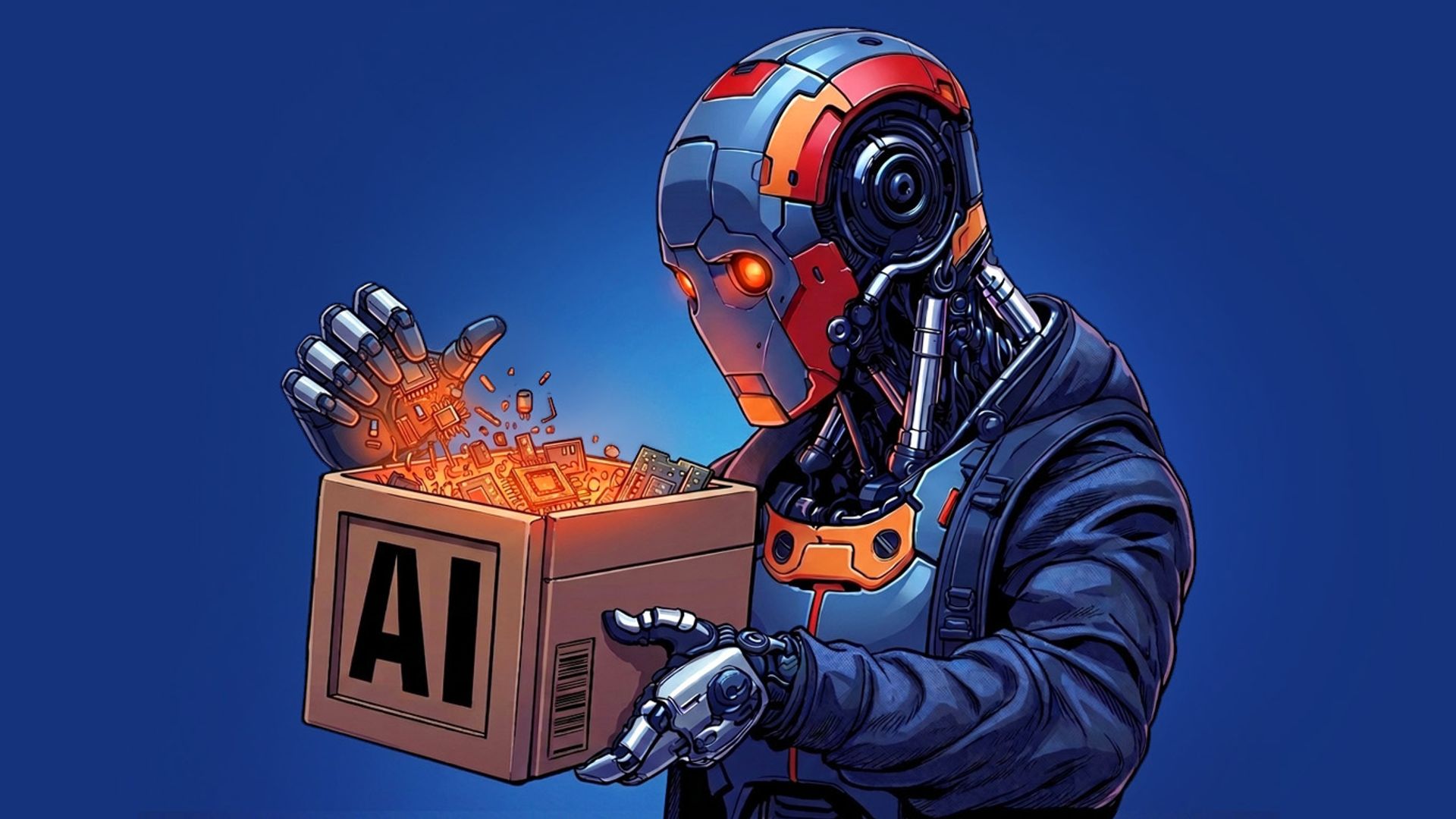 A robot holding a shipping box filled with circuits and the letters "AI" on the side