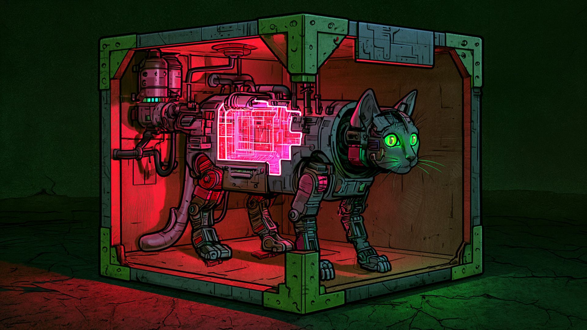 A robotic cat inside a mechanical box