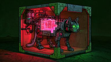 A robotic cat inside a mechanical box