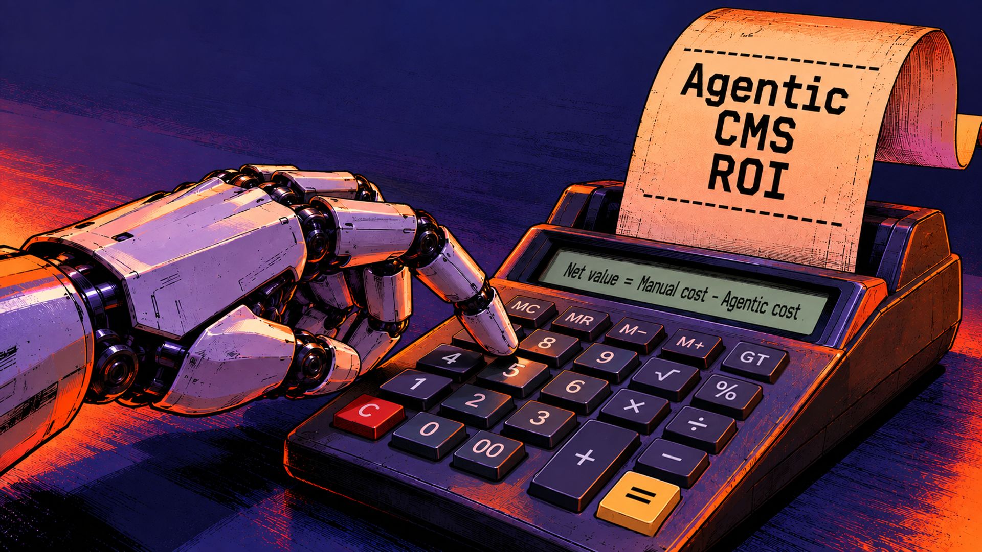 A robot's hand typing on a calculator, with the text "Agentic CMS ROI" printed on the paper ticker.
