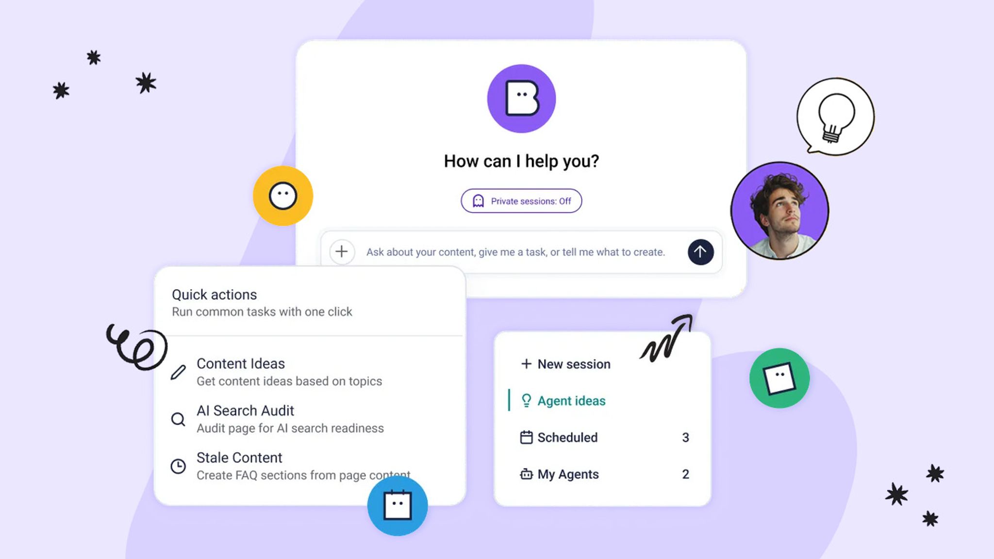 A set of agent screenshots with different functions with small cartoonish icons