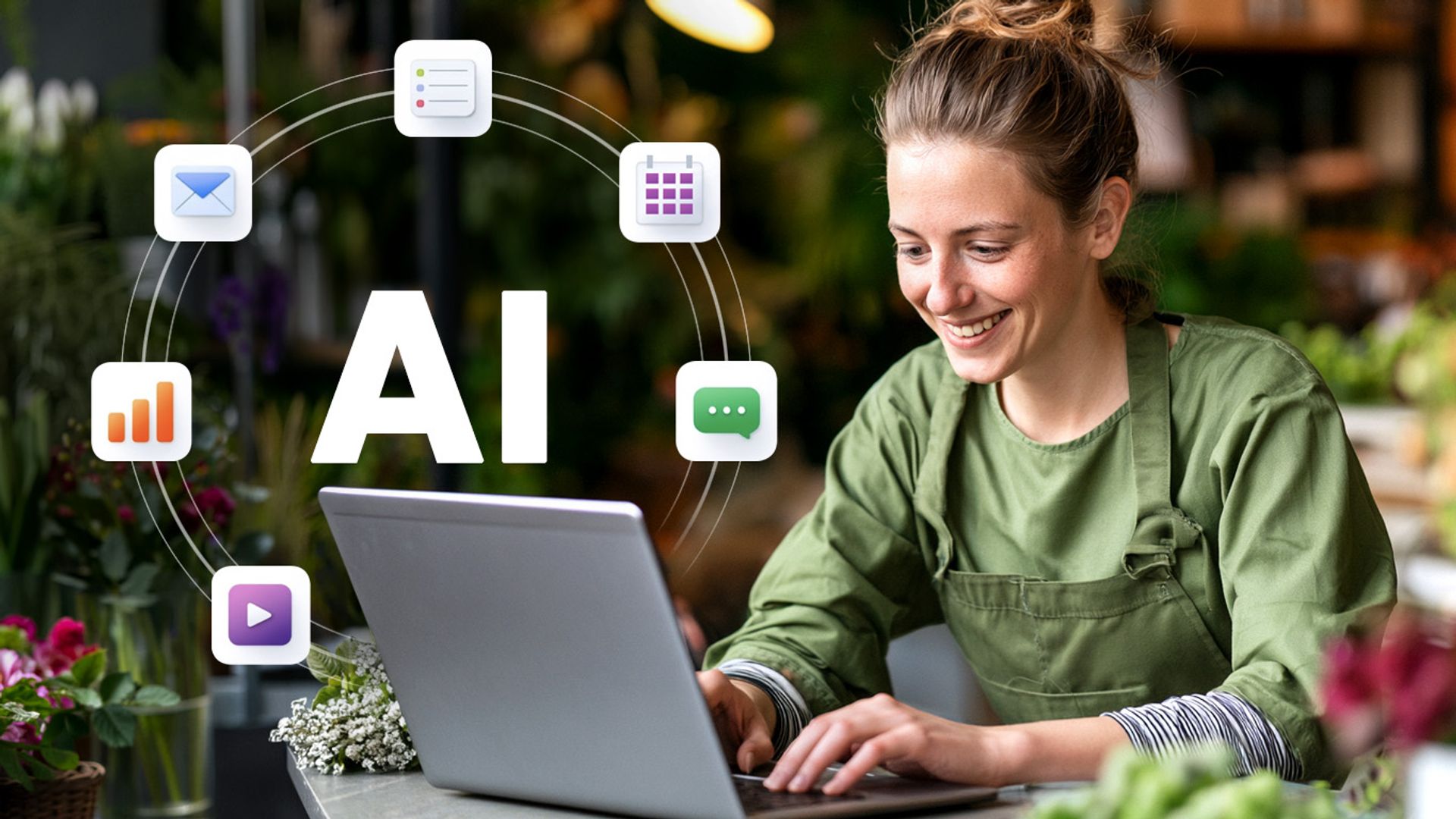 A woman small business owner in a floral shop working at a laptop with the text "AI" surrounded by icons