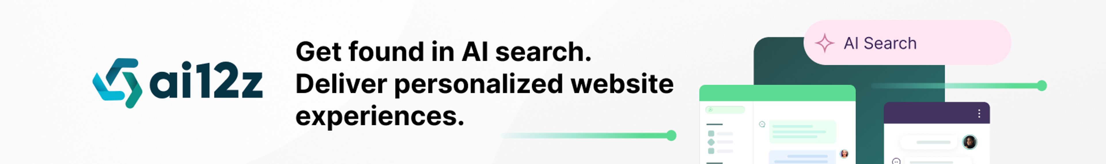ai12z product directory listing banner - get found in AI search, deliver personalized website experiences. ai12z logo and screenshots.